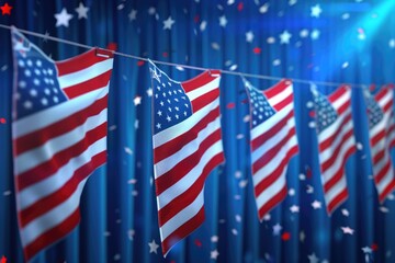 Wall Mural - Row of American flags hanging from a string, great for patriotic events or decor