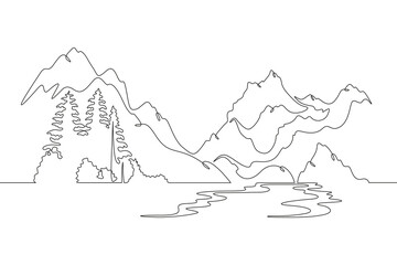 Wall Mural - Continuous one line drawing mountain river against the background of hills and mountains. Forest on the river bank. Mountain landscape.One continuous line isolated minimal illustration.