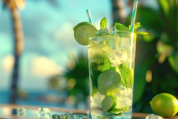 Aufkleber - A refreshing cocktail in a tall glass with lime and mint