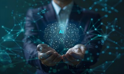 Poster - Businessman holding an AI icon with artificial intelligence technology, business and data for future tech digital marketing. 