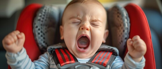 Sticker - A baby in a car seat yawns with their mouth wide open. AI.