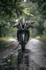 Aufkleber - A motorcycle parked on a wet road with blurred background
