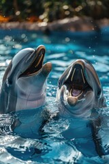 Canvas Print - Two dolphins in the water with their mouths open