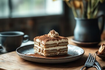 Tiramisu, A popular coffee-flavored Italian dessert made with layers of ladyfingers soaked in coffee, mascarpone cheese, and cocoa powder.