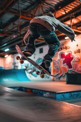 Wall Mural - A person riding a skateboard up the side of a ramp, perfect for action and adventure scenes