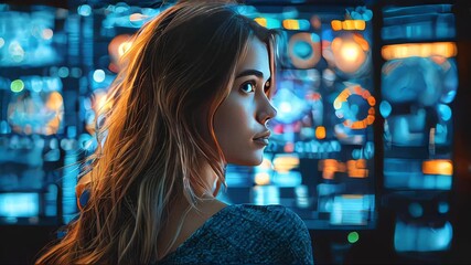 Poster - Close-up of a woman looking at a futuristic digital interface with glowing graphics and data on a blurred blue background. Concept of technology and innovation