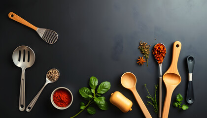 Set of kitchen utensils and spices on dark background isolated with white highlights, png