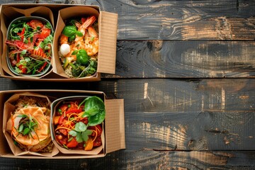 Sticker - Couple of boxes filled with food on a wooden table