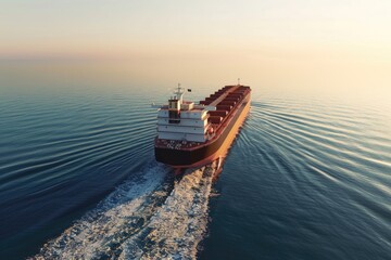 Poster - A massive cargo vessel sailing across a calm sea or lake, suitable for use in illustrations about transportation, industry, or environmental themes