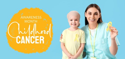 Poster - Little girl after chemotherapy and nurse with golden ribbons on blue background. Childhood Cancer Awareness Month