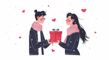 A happy couple exchanging a gift during winter, surrounded by floating hearts, symbolizing love and affection.