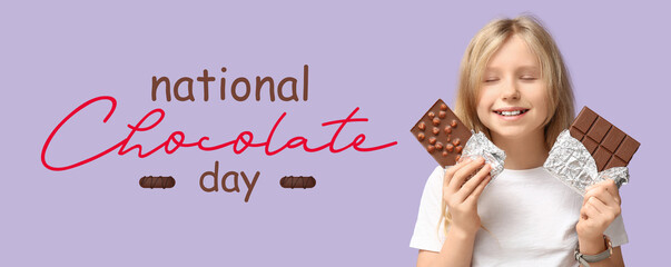 Sticker - Cute little girl with sweet chocolate bars on lilac background