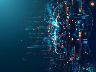 Poster - A profile view of an AI head with digital code and data streams flowing around it, symbolizing the use of artificial intelligence in technology.