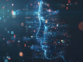 Poster - A profile view of an AI head with digital code and data streams flowing from it, symbolizing the connection between artificial intelligence technology and coding. 