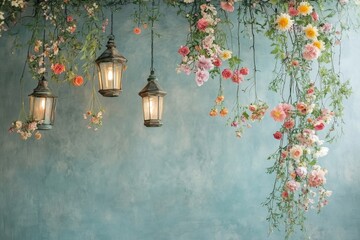 Photographic backdrops with delicate flowers and an evocative vintage wall for maternity and wedding photography.