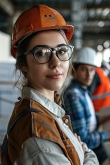 Poster - A woman wearing a hard hat and glasses, typical safety attire for a construction site or industrial workplace