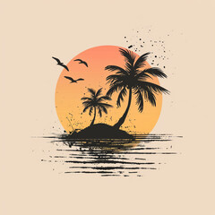 Wall Mural - A minimalist logo featuring a tropical island with a palm tree in the ocean, set against a stunning sunset. Ideal for travel agencies, beach resorts, vacation rentals, and tourism businesses