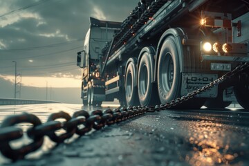 Poster - Large truck with a chain attached for towing or lifting heavy loads