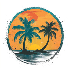 Wall Mural - A minimalist logo featuring a tropical island with a palm tree in the ocean, set against a stunning sunset. Ideal for travel agencies, beach resorts, vacation rentals, and tourism businesses