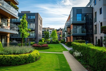 Poster - A tranquil scene of a grassy area facing a row of apartment buildings, suitable for use in real estate or community-focused imagery
