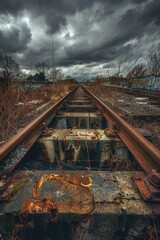 Poster - Old train track with rusted rails and a cloudy sky