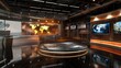 © kinara art design - A modern news studio with a world map backdrop and multiple screens for broadcasting.