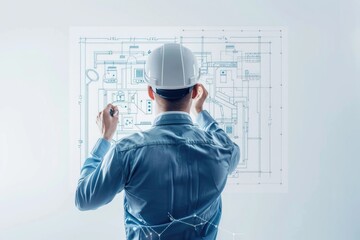 Poster - A person inspects architectural plans, suitable for office or construction use