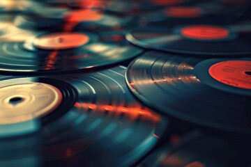 Poster - A collection of vinyl records sitting on a table, perfect for music enthusiasts and record collectors