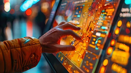Poster - A hand interacts with a high-tech futuristic interface, featuring holographic data and glowing graphics on a dark background. Concept of technology and innovation
