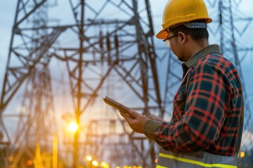 Poster - A man wearing a hard hat holds a cell phone, likely checking messages or making a call