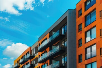 Poster - A modern apartment complex or condominium with multiple levels of balconies, ideal for architecture, urban planning, or real estate uses