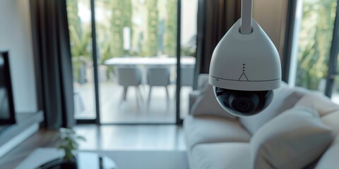 Poster - A camera mounted to the ceiling in a cozy living room setting, perfect for home security or surveillance