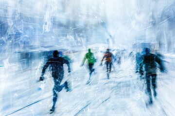 Sticker - A blurry image of people skiing together