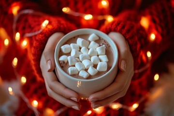 Canvas Print - An image of a woman holding a cup of hot holiday cocoa with marshmallows in her hands. Close-up shot.