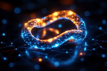 Poster - An intricate display of glowing blue and orange lights creates a complex, twisted form against a dark backdrop. Generative AI
