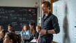 © eric.rodriguez - professor in a classroom standing at a whiteboard an algorythm problem in university students