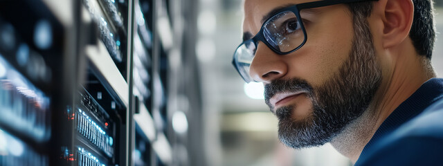 Young male engineer examines network servers in a data center. He has a focused expression, dark hair, and glasses, highlighting the high-tech workplace setting.