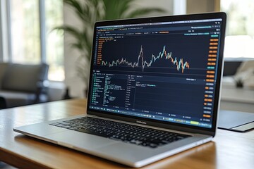 Poster - A laptop shows live cryptocurrency trading charts in a bright office space. Generative AI