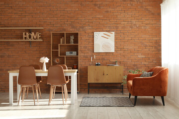 Poster - Interior of loft style living room with table, chairs and shelving unit