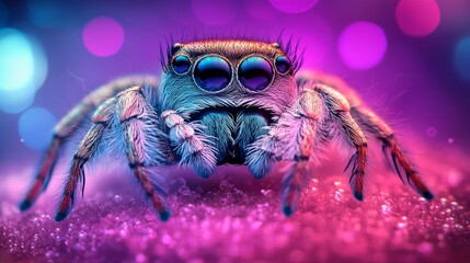 Sticker - iridescent colors shimmer on this spider's body as it stands against a blurred background of lush gr