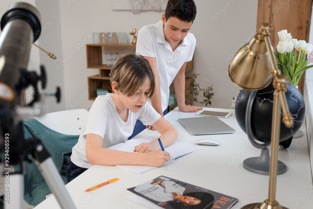 Little boy with his elder brother doing homework at home