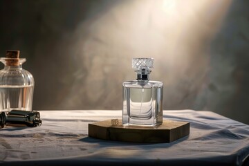 Poster - A bottle of perfume sits on a table, ready for use