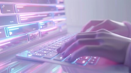 Close Up of Hands Typing a Message on a Modern Laptop Keyboard, Futuristic Design On Screen