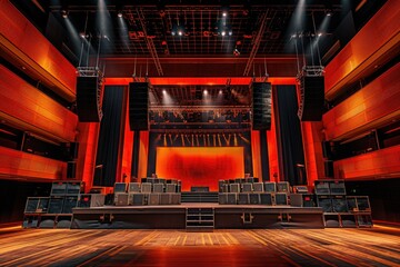 Poster - An empty stage with a red backdrop ready for a performance or presentation