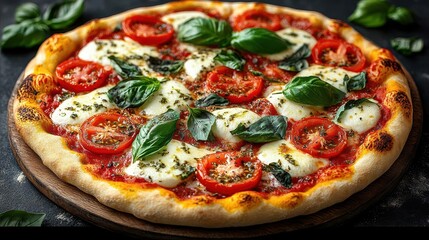 classic margherita pizza vibrant tomatoes fresh basil leaves melted mozzarella crispy crust white backdrop mouthwatering closeup