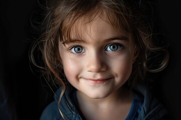 Canvas Print - A close-up shot of a young child's face with bright blue eyes, perfect for various editorial and commercial uses