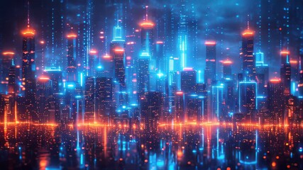 Poster - A high-tech big city with big data and energetic glowing information flows. Concept of a large modern digital city