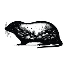 silhouette of Mole, filled with underwater view with coral in rough drawing,