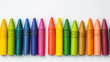 © Steven - Close-up of a row of colorful crayons arranged neatly, showcasing the bright and diverse colors on a white background.