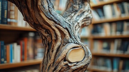 Poster - Wooden tree with books on blur background of library with bookshelf Flawless : Generative AI